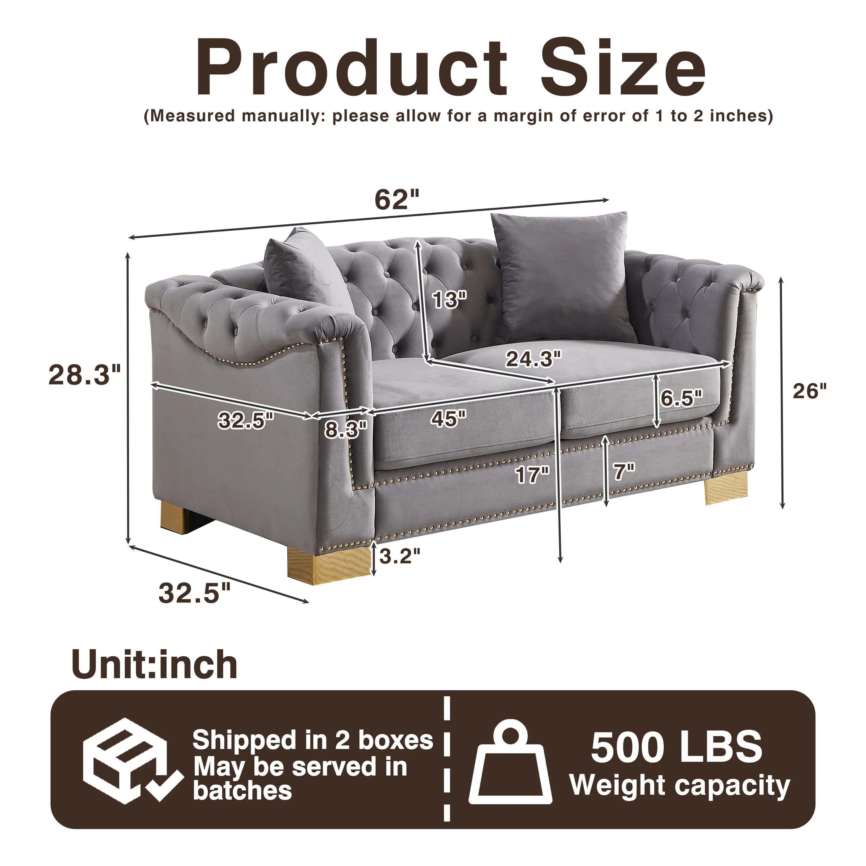 {Video] Classic Modern Style Sofa, 62-inch Chesterfield Classic Rolled Arm Tucked-in Nailhead Decor Cloud Two-Seater Velvet Sofa, Luxury Double Sofa Suitable for Living Room, Bedroom, Apartment, Grey - Eloy Royal