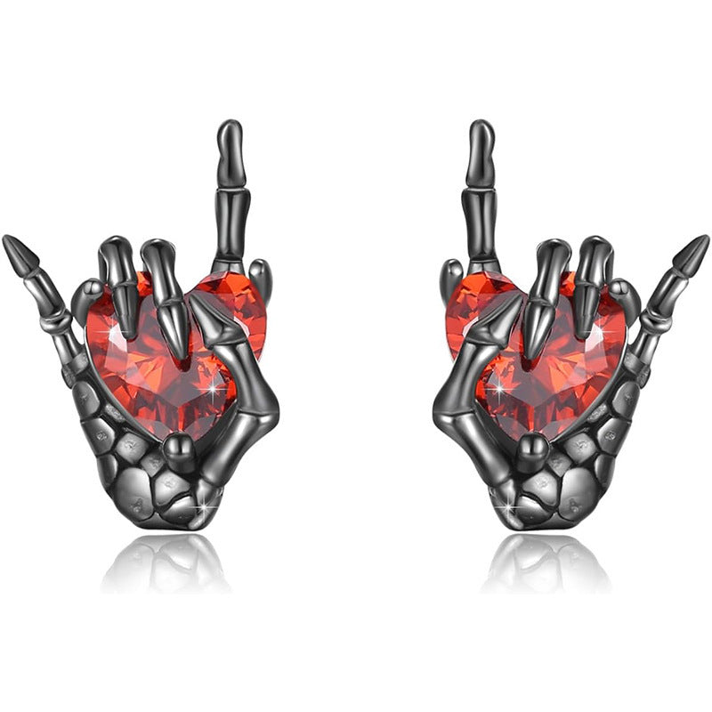 Retro Dark Series Ghost Hand Gesture Than Heart Diamond Stud Earrings