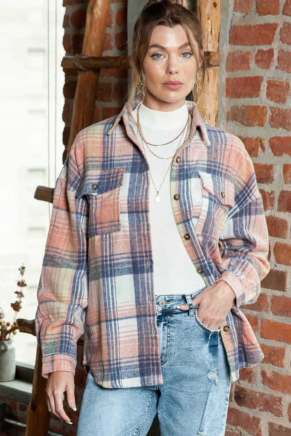 Pink & Grey Plaid Button Up Collared Flannel Shacket - Eloy Royal