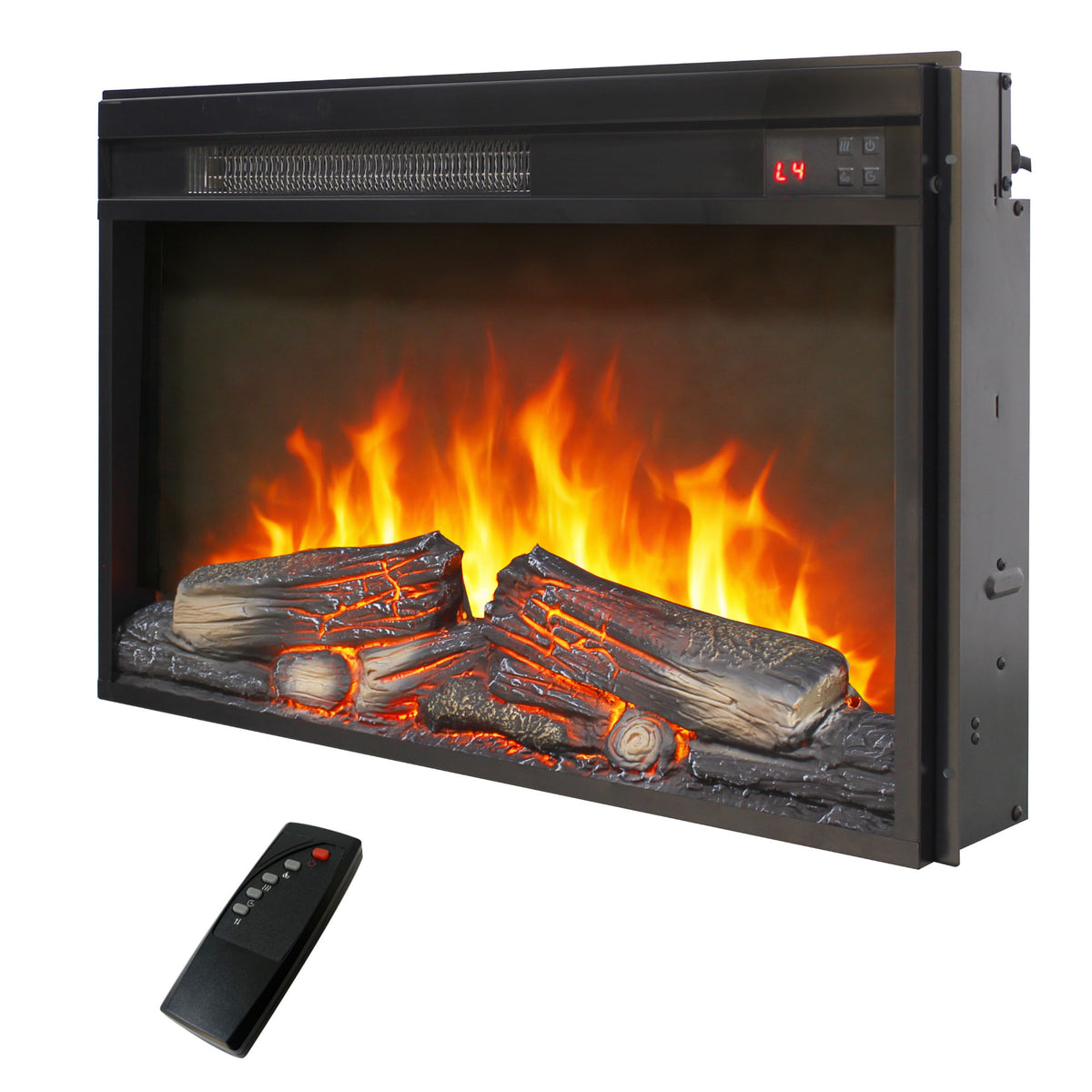 26 inch electric fireplace insert, ultra thin heater with log set & realistic flame, remote control with timer, overheating protection