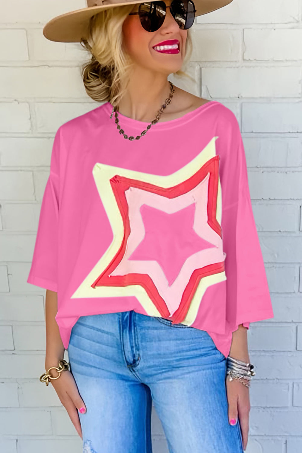 Light Pink Colorblock Star Patched Half Sleeve Oversized Tee - Eloy Royal