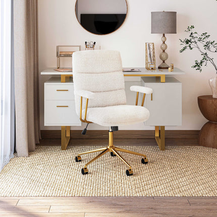Textured Boucle Fabric White and Gold Office Chair, Modern Height Adjustable Desk Chair with Padded Arms