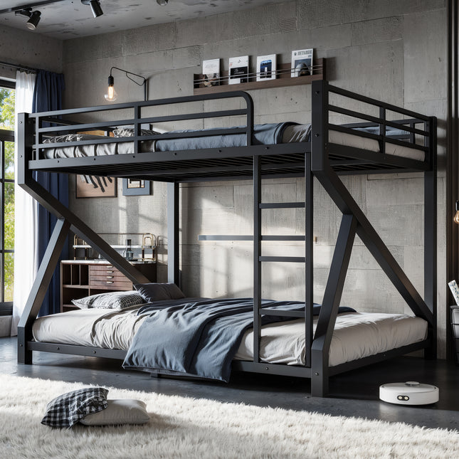 Queen over Queen Bunk Bed with ladders, Metal Bunk Bed with Full Upgraded Support Slats, Low Profile Bunk Bed, Black