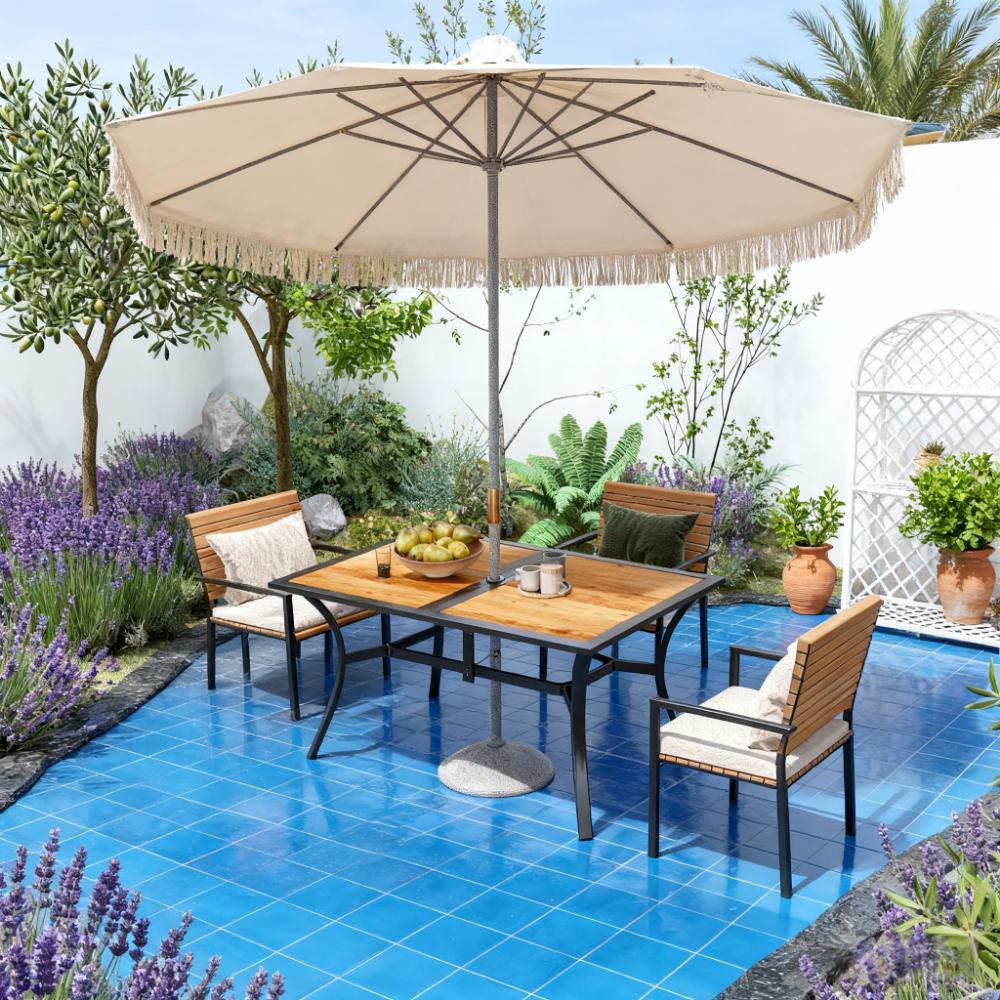 Stable Faux Wood Rectangle Outdoor Dining Table,Rectangle Outdoor Dining Table,Rectangular Patio Table with Umbrella Hole