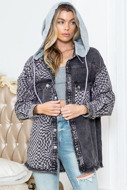 Wholesale Gray Checked Patchwork Raw Hem Hooded Denim Jacket - Eloy Royal