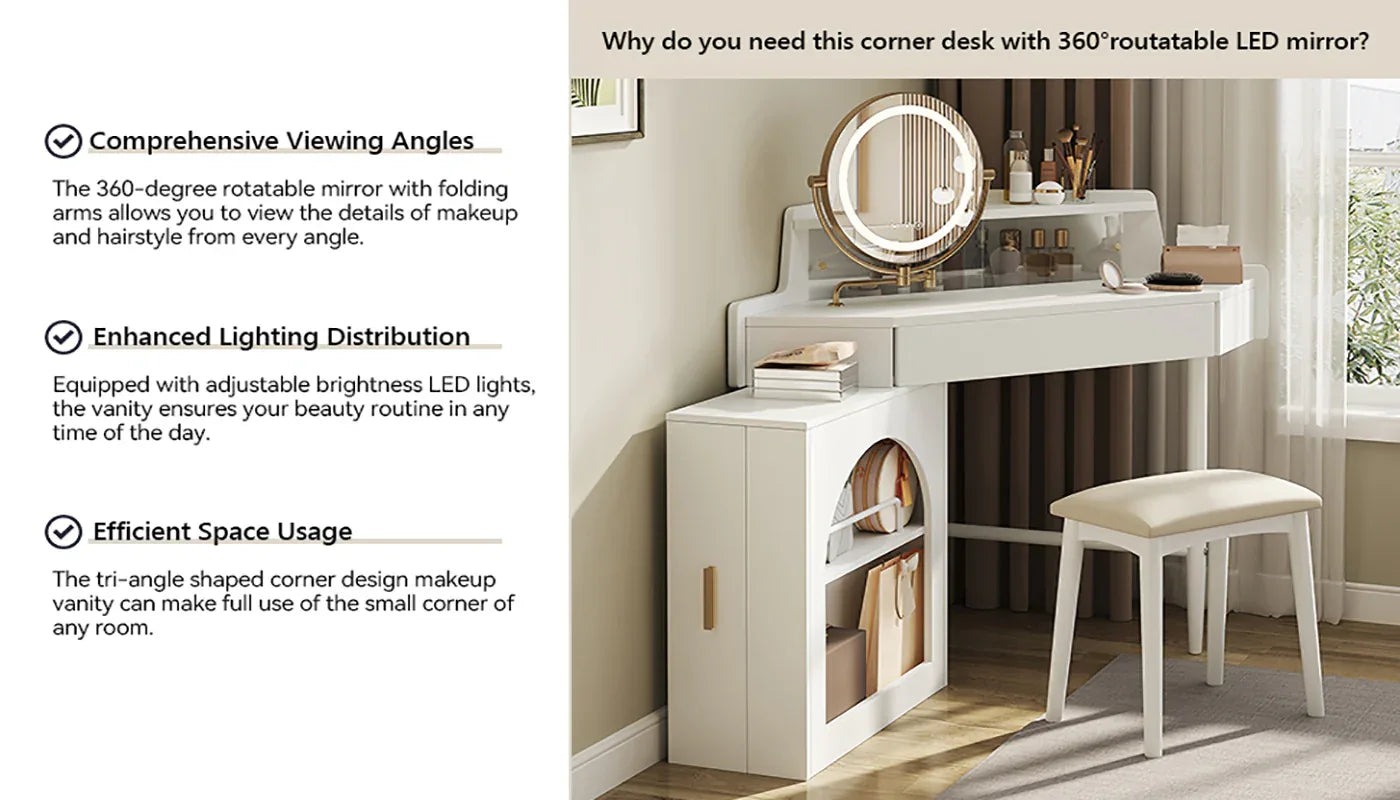 Corner Makeup Vanity Desk With Mirror & LED Lights, Modern Vanity Set With Mirror And Stool, Dressing Table With Large Storage For Small Place, Brightness Adjustable Folding Mirror, White - Eloy Royal