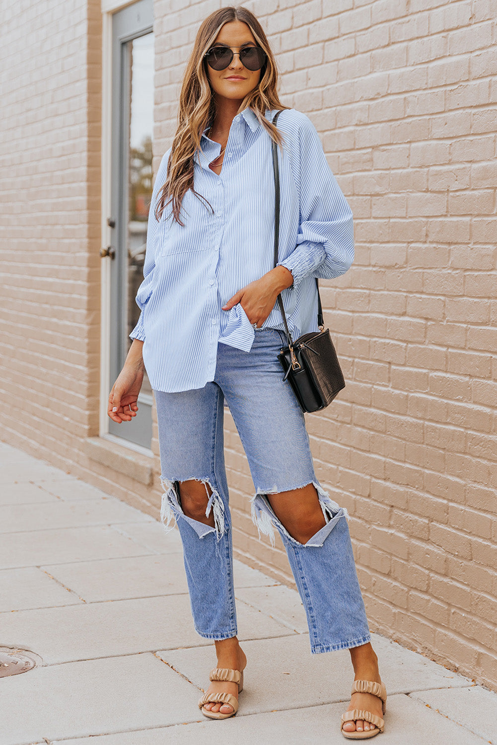 Light Blue Striped Casual Shirred Cuffs Shirt - Eloy Royal