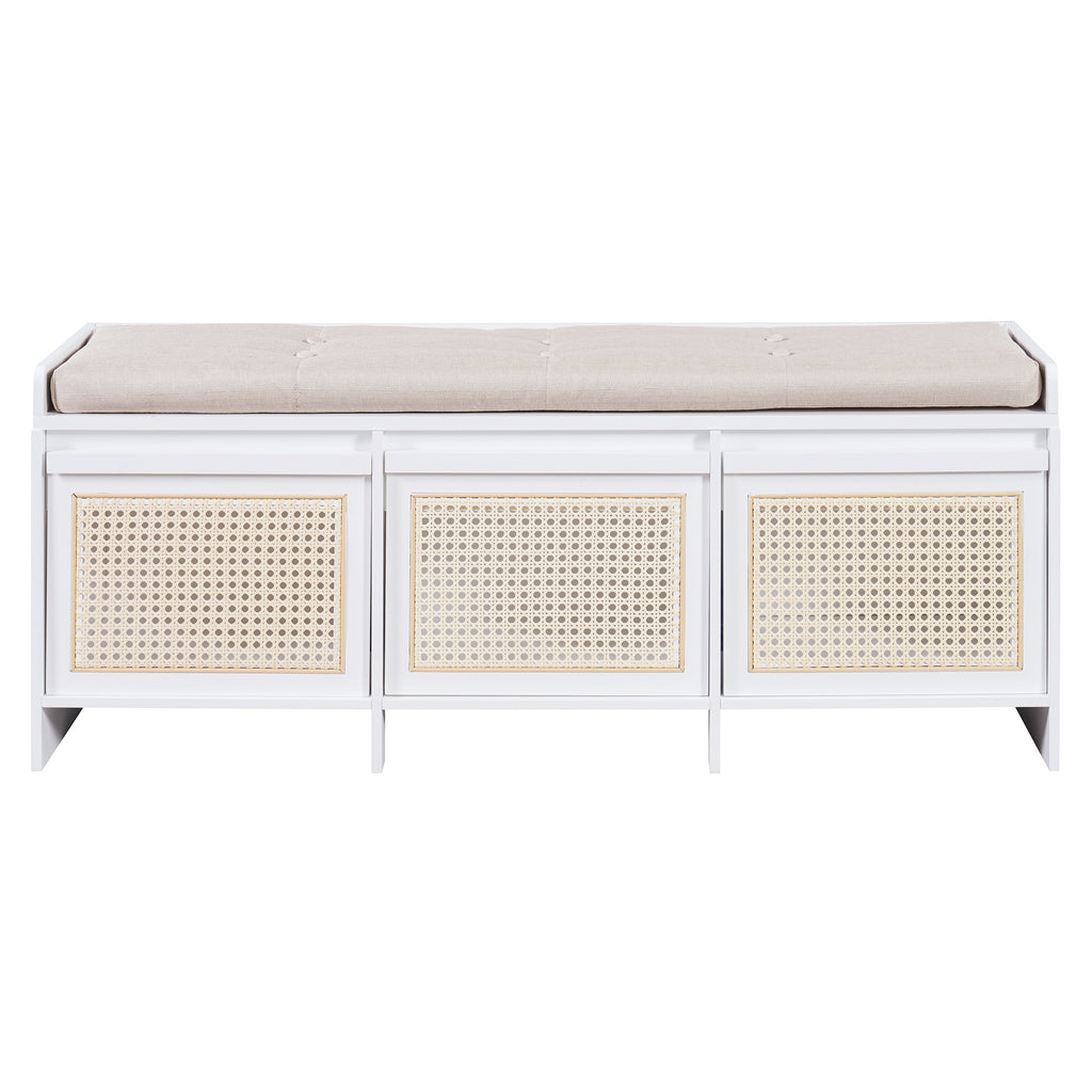 TREXM Retro Storage Bench with Rattan Drawers & Button-Tufted Cushion, White MDF Frame with Natural Rattan Accents, 48' Long