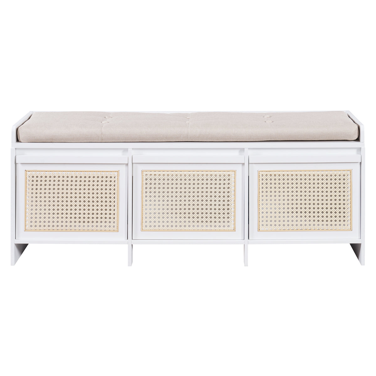 TREXM Retro Storage Bench with Rattan Drawers & Button-Tufted Cushion, White MDF Frame with Natural Rattan Accents, 48' Long