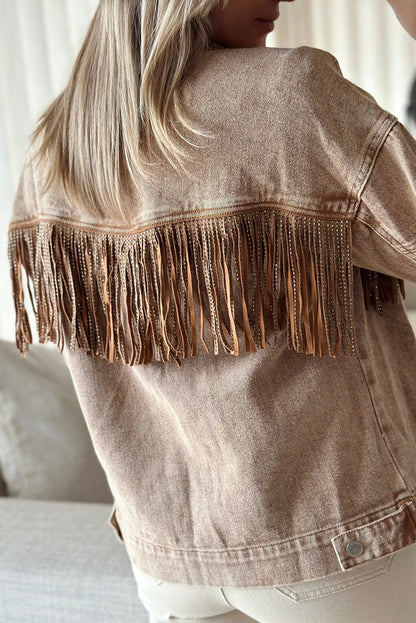 Wholesale Brown Rhinestone Fringe Vintage Denim Jacket - Eloy Royal