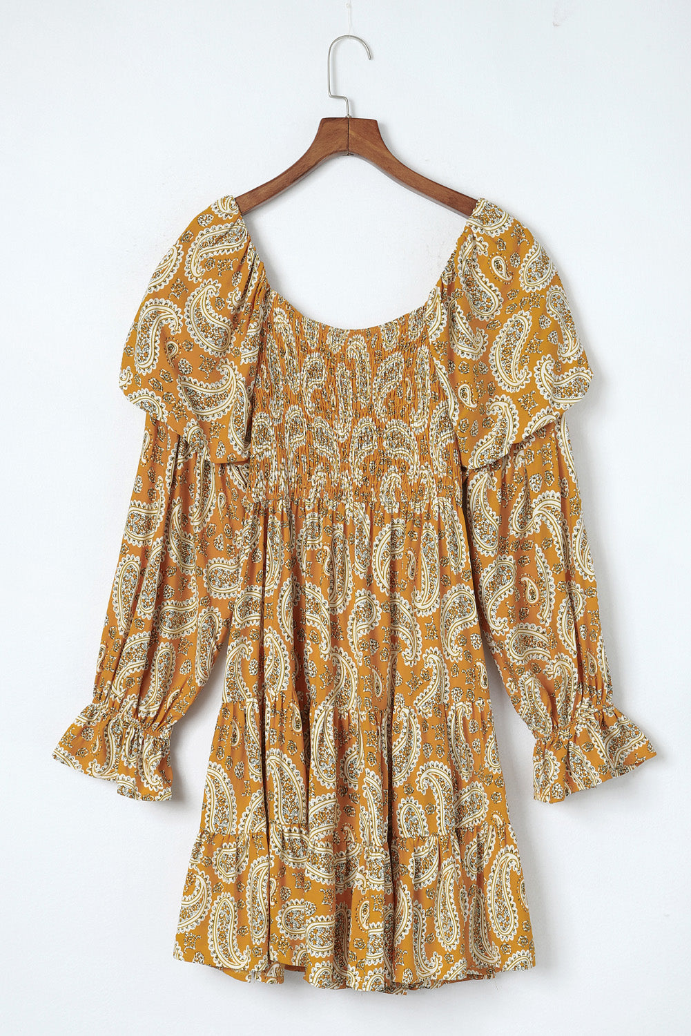 Yellow Boho Paisley Floral Print Long Sleeve Short Dress - Eloy Royal