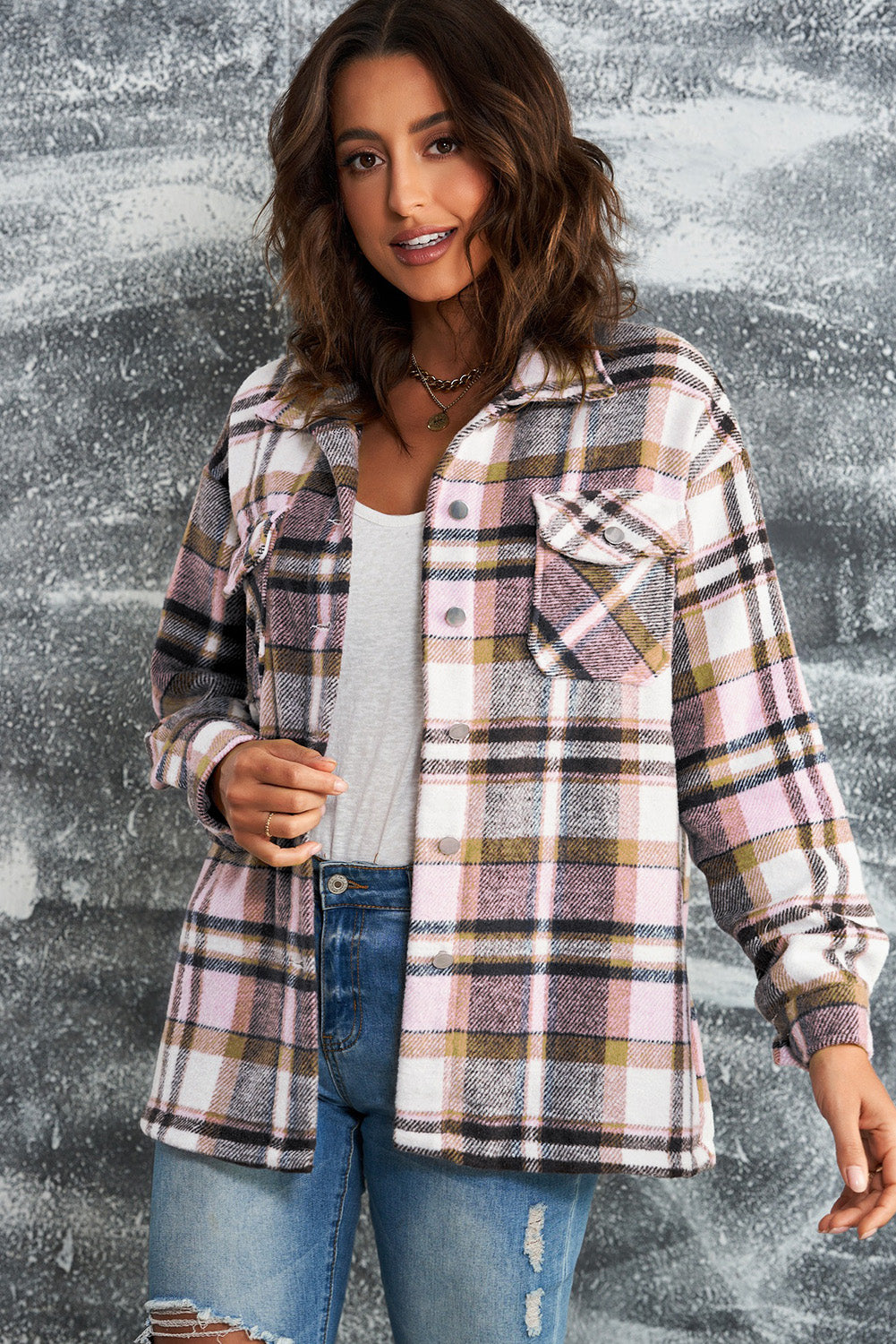 Wholesale Brown Plaid Button Up Long Sleeve Flannel Shacket - Eloy Royal