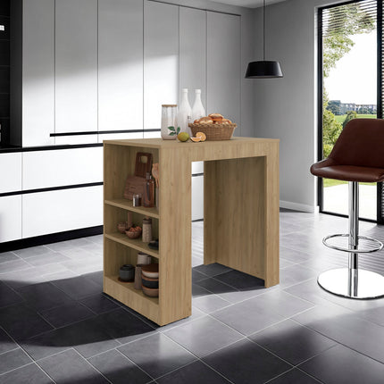 Lacour Kitchen Island, Kitchen Bar Table with 3-Side Shelves, Natural Oak