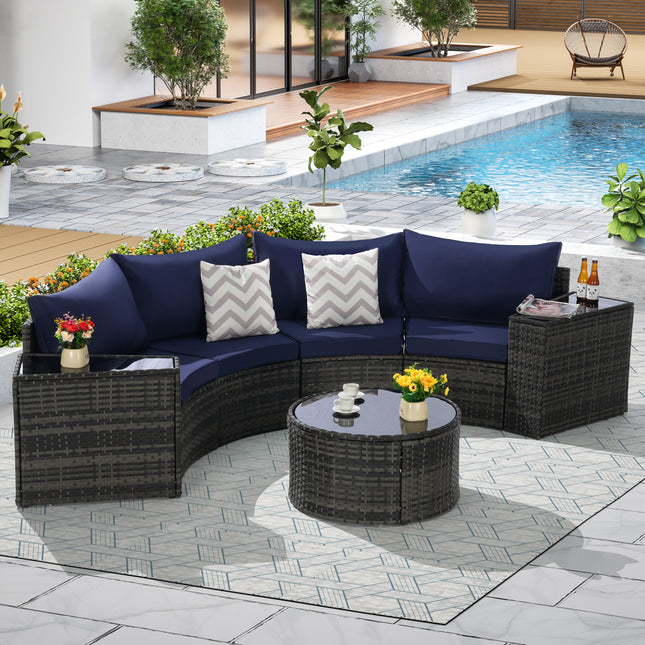 Outdoor Patio Furniture 7-Piece Half-Moon Sectional Round Patio Furniture Set Sofa with