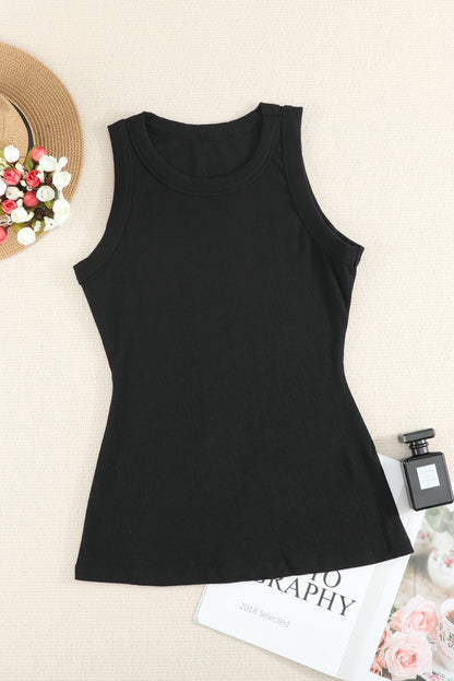 Solid Black Round Neck Ribbed Tank Top - Eloy Royal