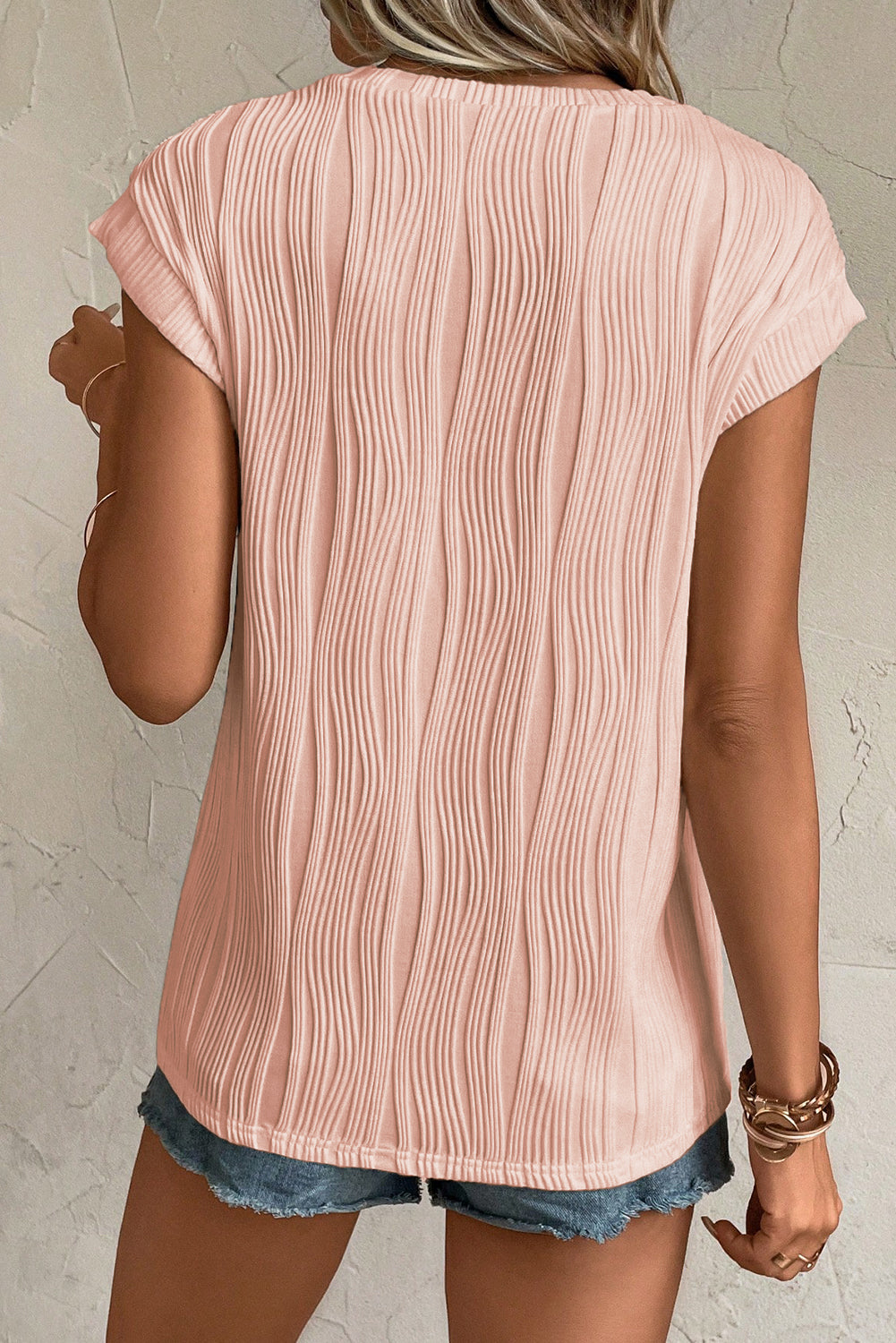 Pink Solid Color Wavy Textured Cap Sleeve Top - Eloy Royal