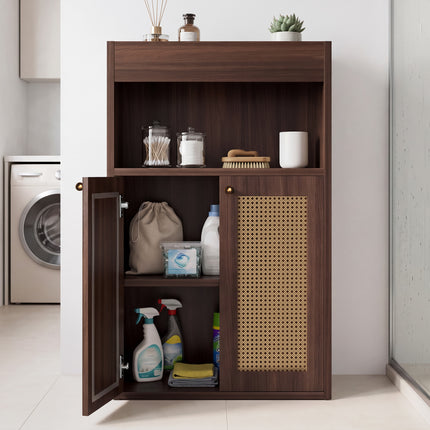 OMCHOM Bathroom Floor Storage Cabinet with 2 Rattan Doors, Freestanding with Adjustable Shelf & Open Storage for Living Room, Hallway