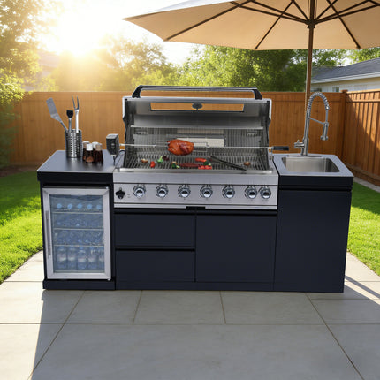 S00053 NG 82-Inch 6-Burner 85000 BTU Deluxe Stainless Steel Gas Outdoor Kitchen Bar Barbecue Island Grill Wine Cooler Compact Refrigerator Rotisserie Stainless Steel Countert Storage Cabinets Drawers