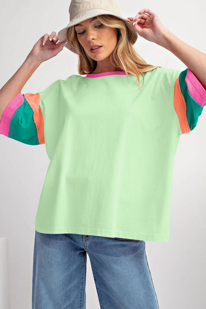 Green Color Block Sleeve Round Neck Oversize Top - Eloy Royal