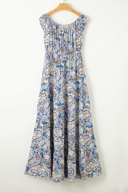 Blue Boho Paisley Print Off Shoulder Maxi Dress - Eloy Royal