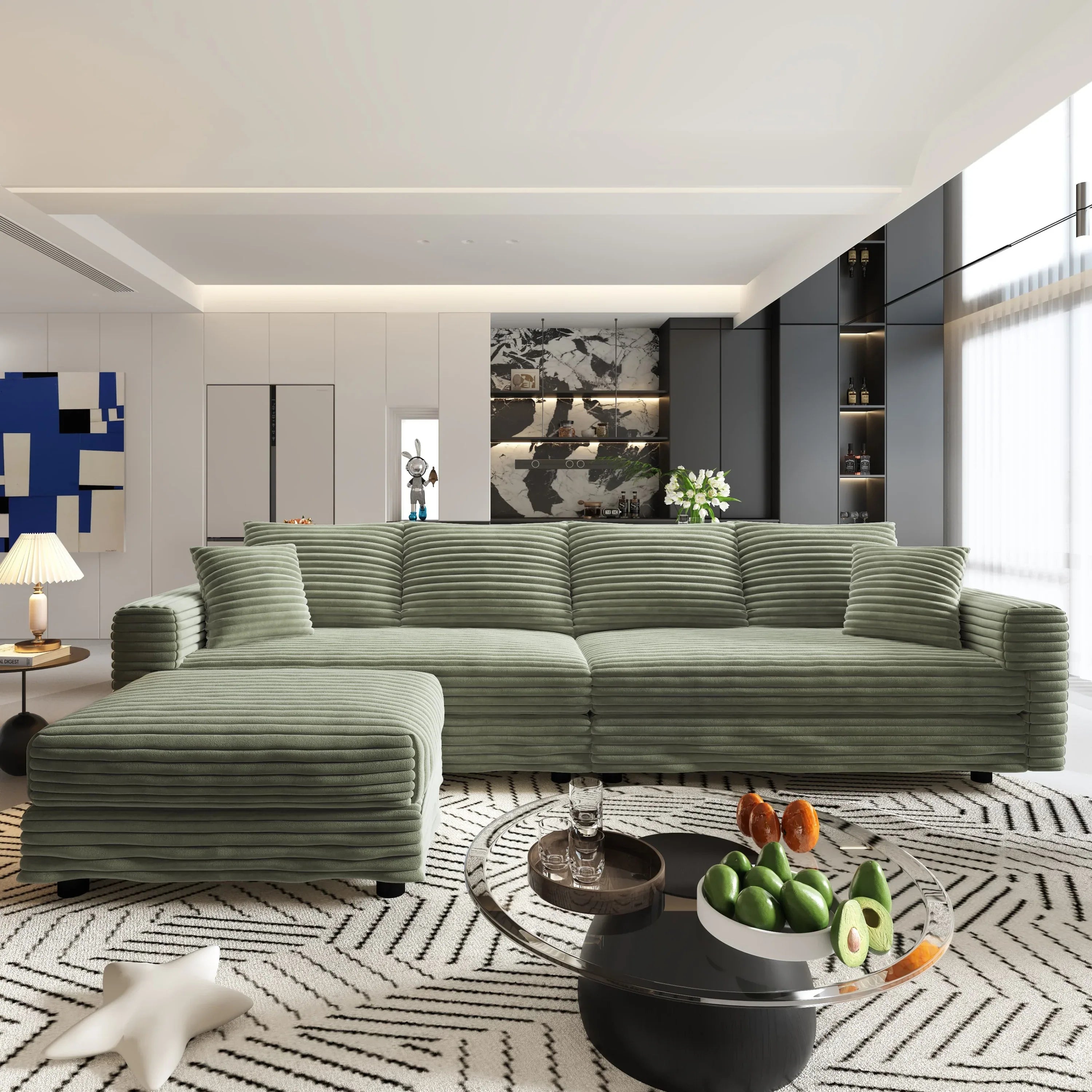 102.4 'Plush Corduroy 4-Seat Sofa,Modern Comfy Upholstered Sofa Cloud Couch,Deep Seat Couches with Soft Pillows and Movable Ottoman,Convertible Sofa Lounge Chair,for Living Room,Apartment,Office,Green - Eloy Royal