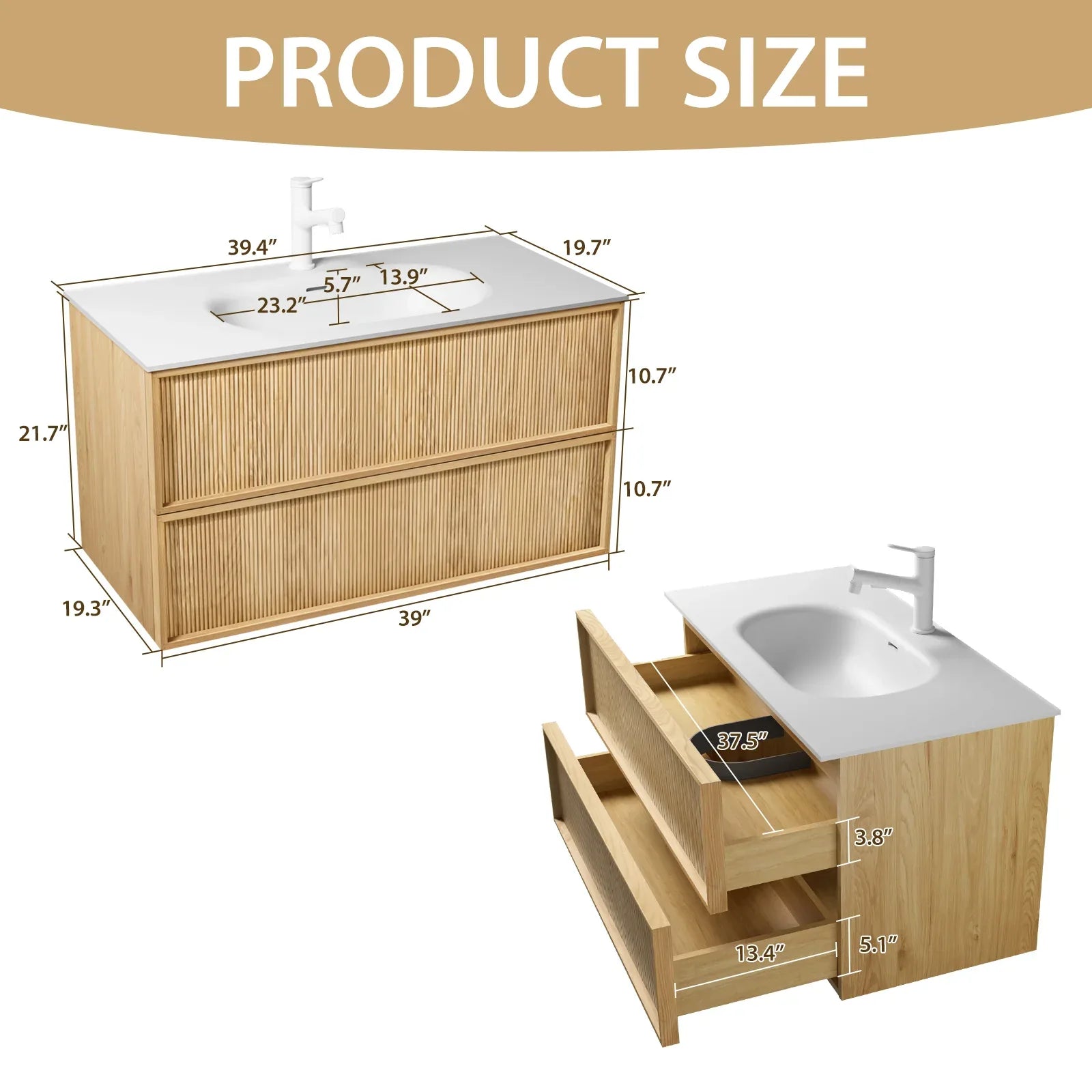 40-Inch Floating Bathroom Vanity with Sink - Natural Oak Fluted Front, Multi-Layer Solid Wood, Wall-Mounted, White Stone Top, 2 Soft-Close Drawers - Eloy Royal