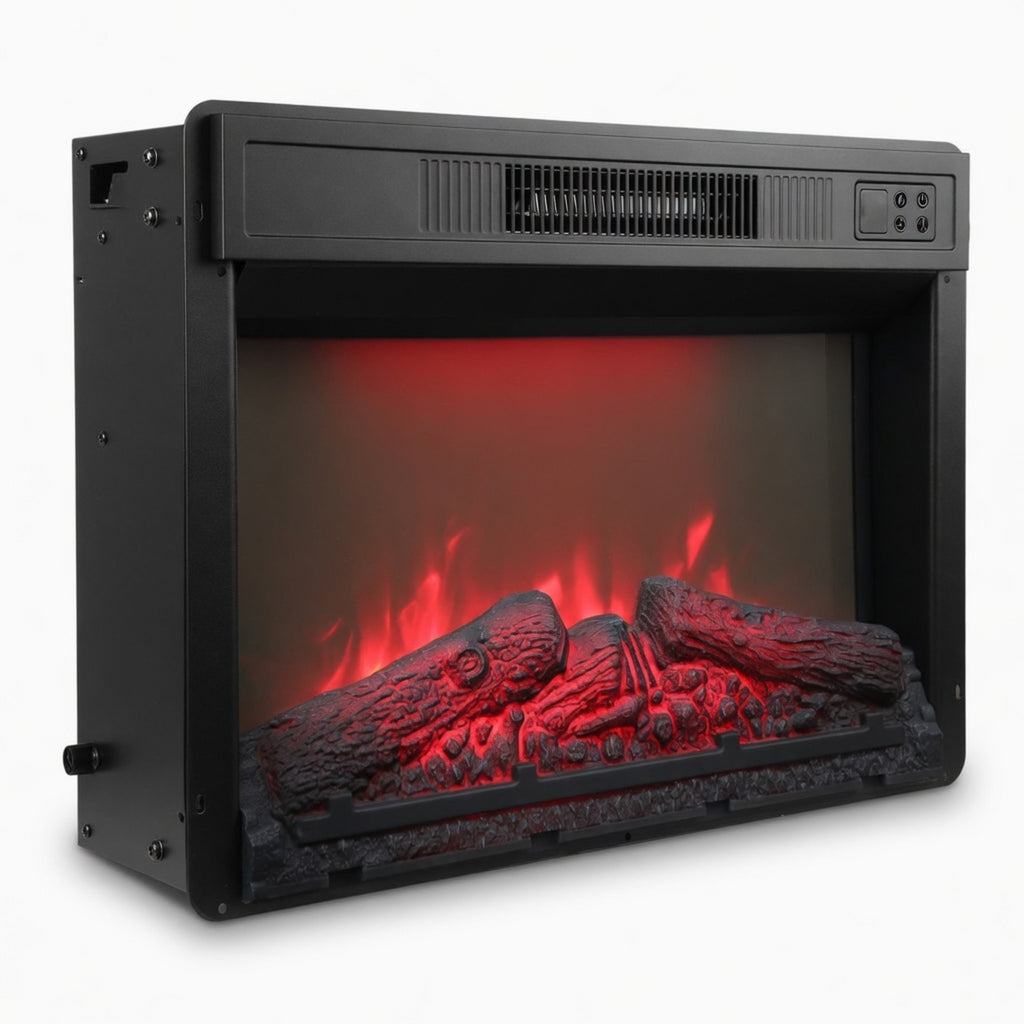 23' Black Electric Fireplace Insert Heater with Multicolor Flames, Remote Control, and Timer in Matte Metal Finish