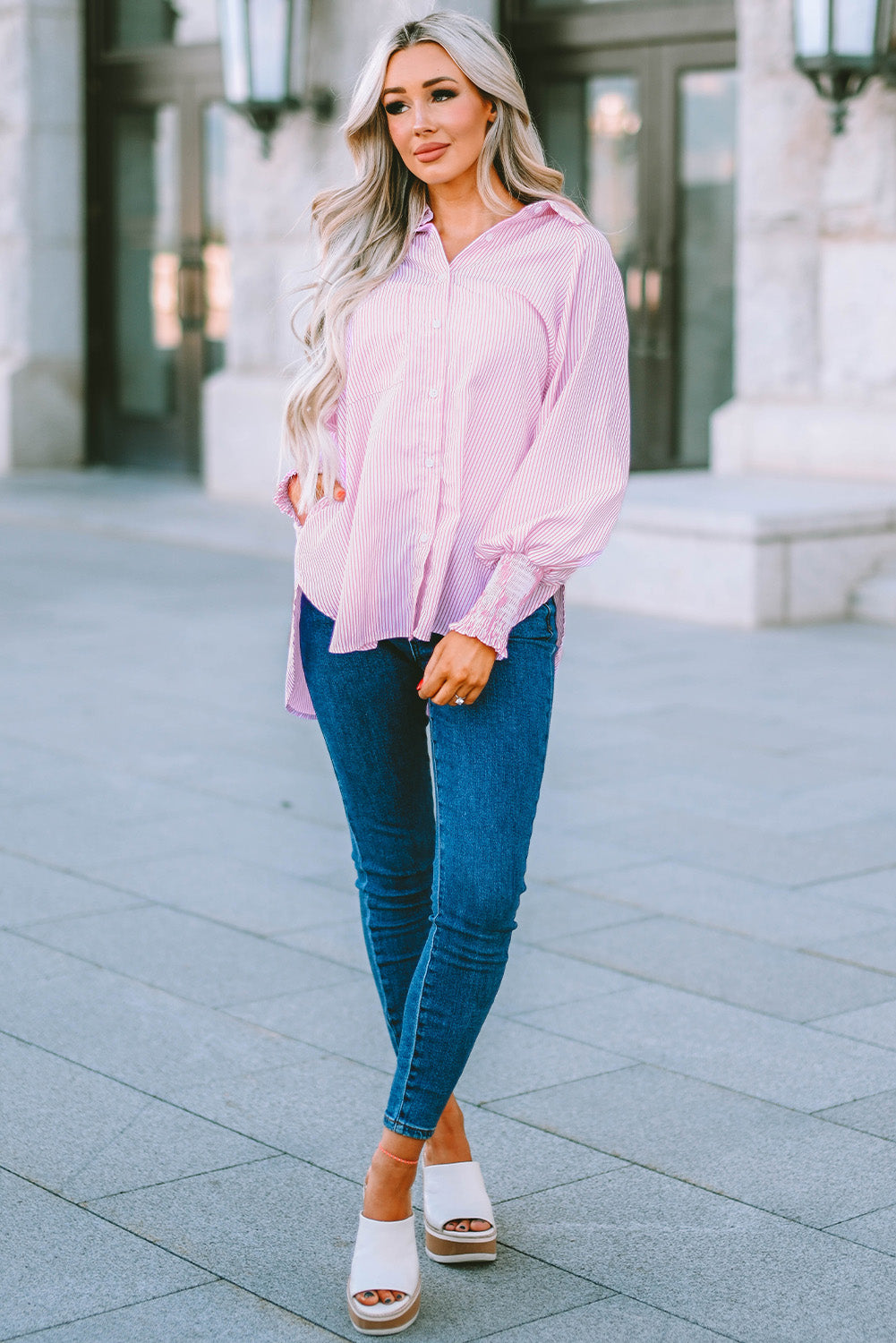 Light Blue Striped Casual Shirred Cuffs Shirt - Eloy Royal