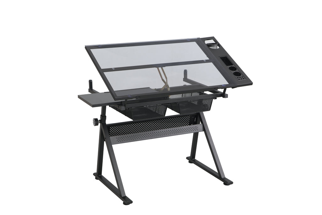 Drafting Table, 0-70° Adjustable Glass Top Artist Table  - Height Adjustable Drafting Desk with Large Storage for Painting & Crafting - Ideal for Designers and Art Students (black)