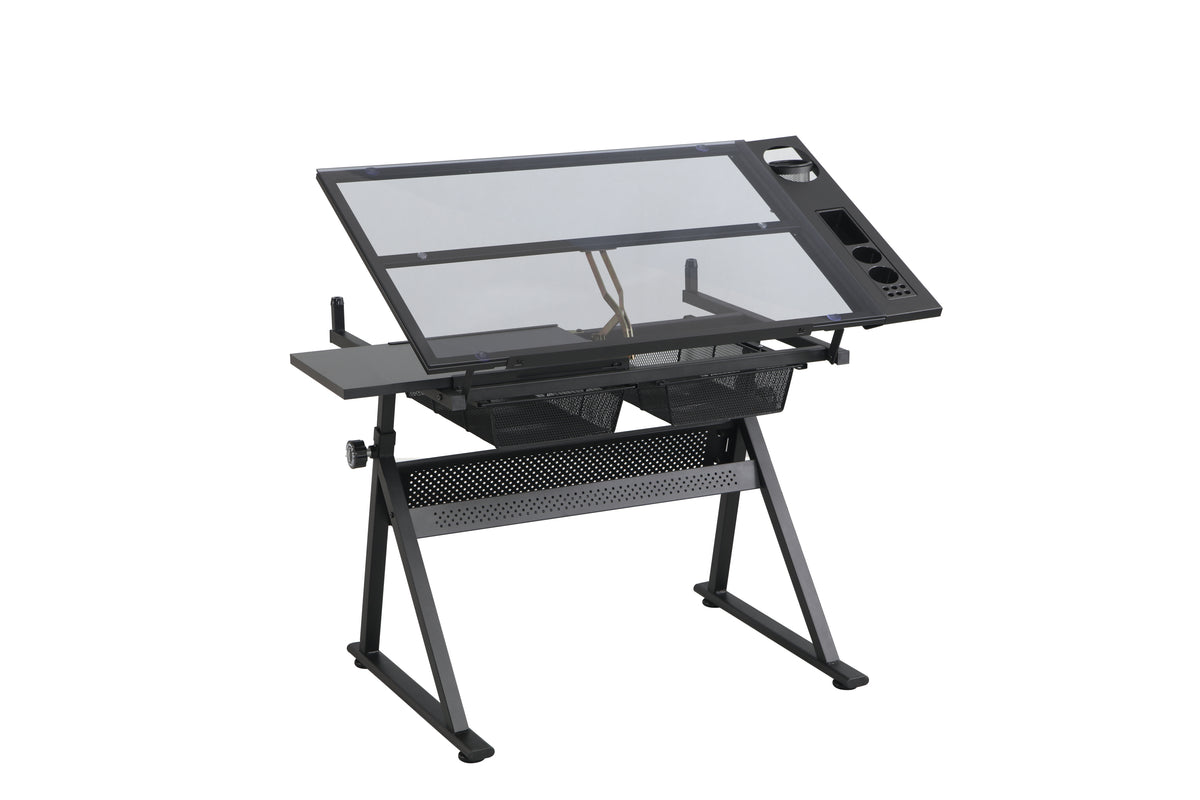 Drafting Table, 0-70° Adjustable Glass Top Artist Table  - Height Adjustable Drafting Desk with Large Storage for Painting & Crafting - Ideal for Designers and Art Students (black)