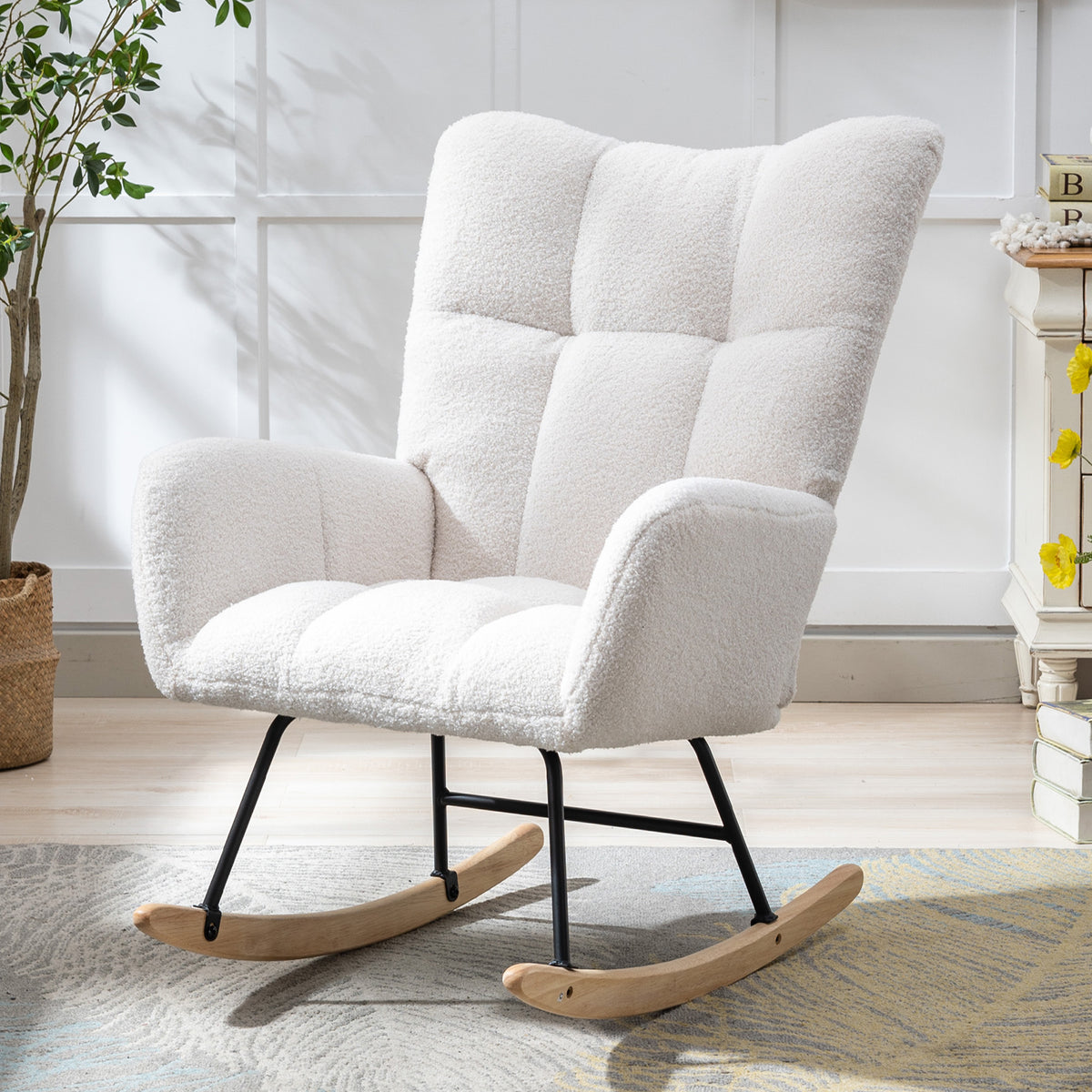Teddy Fabric Wingback Glider Rocker with Side Storage Pocket, Soft Comfy Nursing Rocking Chair, Sturdy Safe Solid Wood Base, Multiuse Accent Chair for Nursery & Living Room,White.