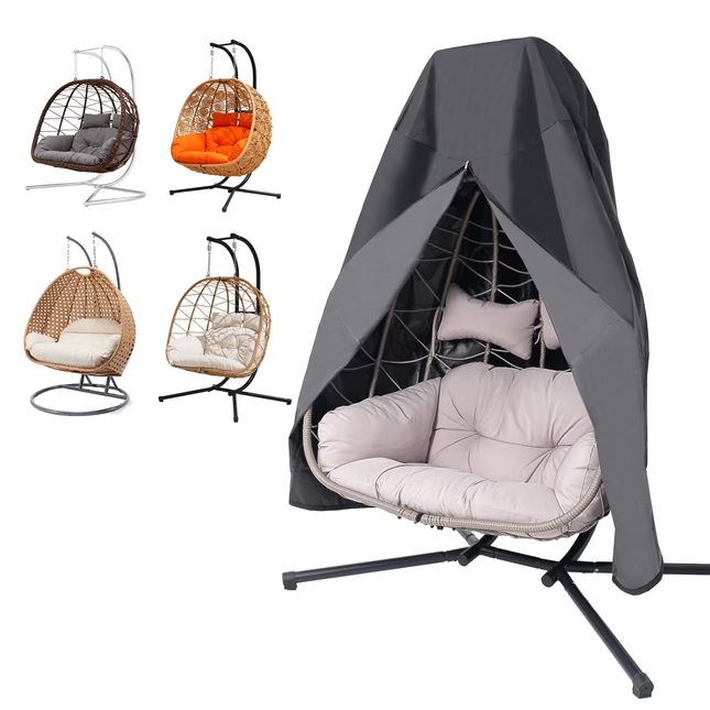 Waterproof Single Egg Chair Cover, Heavy Duty 420D Oxford Hanging Swing Chair Cover with Zipper, Buckle & Drawstring, Windproof Weather Resistant Outdoor Patio Furniture Protector