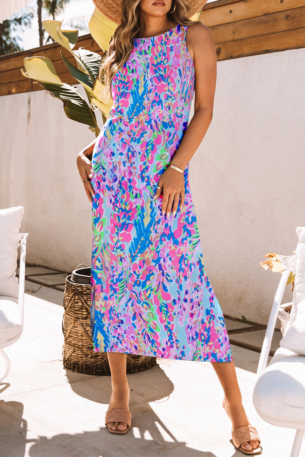 Purple Fluorescent Printed Round Neck	 Sleeveless Maxi Dress - Eloy Royal