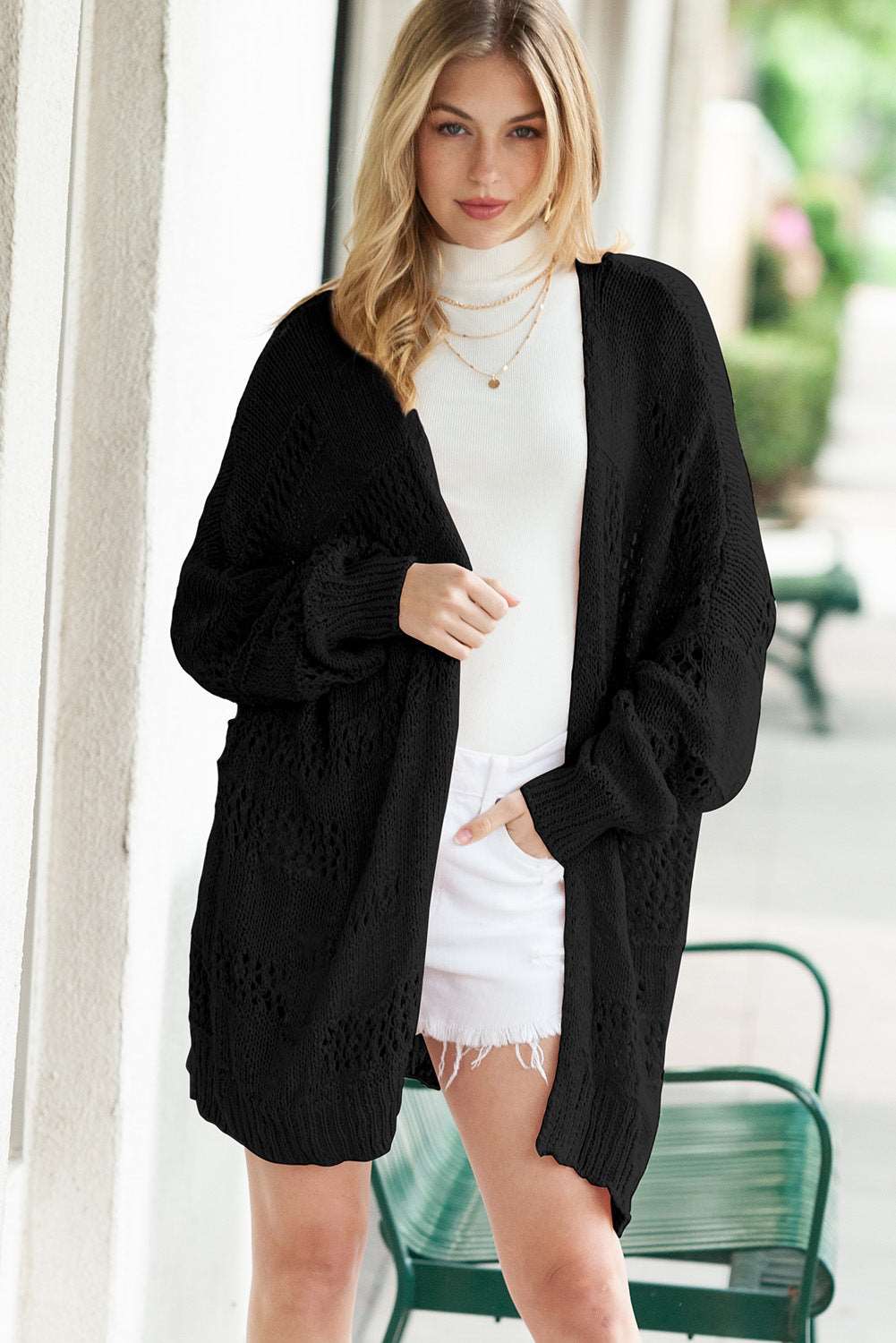 Apricot Casual Hollowed Knit Dolman Sleeve Cardigan