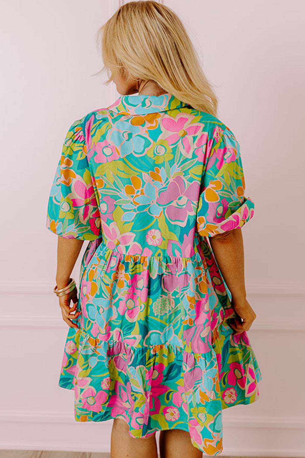 Green Plus Floral Print Puff Sleeve Tiered Shirt Dress - Eloy Royal