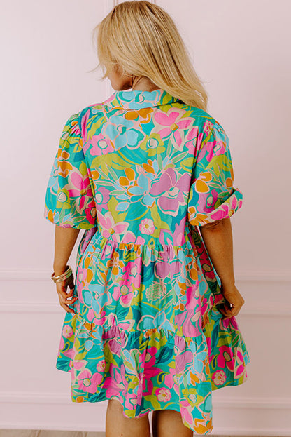 Green Plus Floral Print Puff Sleeve Tiered Shirt Dress - Eloy Royal