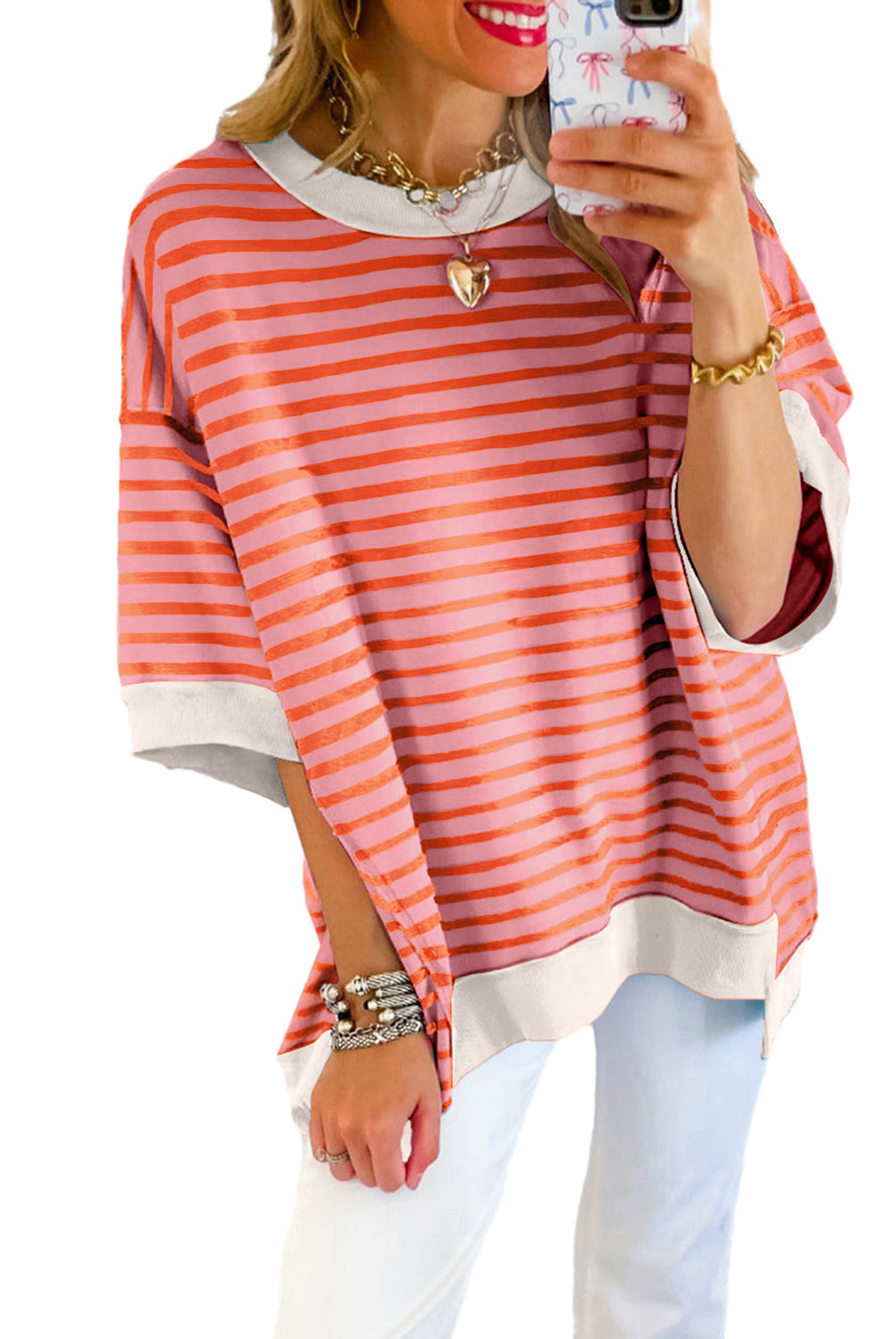 Pink Stripe Colorblock Drop Sleeve Loose Top - Eloy Royal