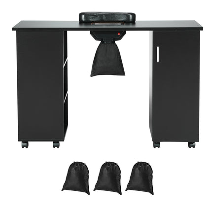 Manicure Table, Nail Table Station with Electric Dust Collector, Moveable Nail Tech Desk with 8 Wheels (4 Lockable), 3 Dust Bag & Wrist Rest, MDF Nail Art Workstation for Spa Beauty Salon, Black