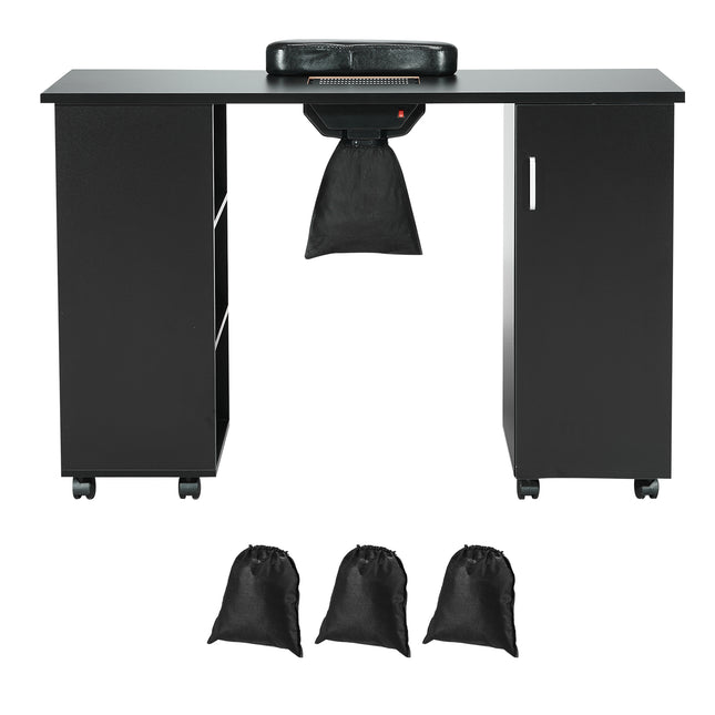 Manicure Table, Nail Table Station with Electric Dust Collector, Moveable Nail Tech Desk with 8 Wheels (4 Lockable), 3 Dust Bag & Wrist Rest, MDF Nail Art Workstation for Spa Beauty Salon, Black