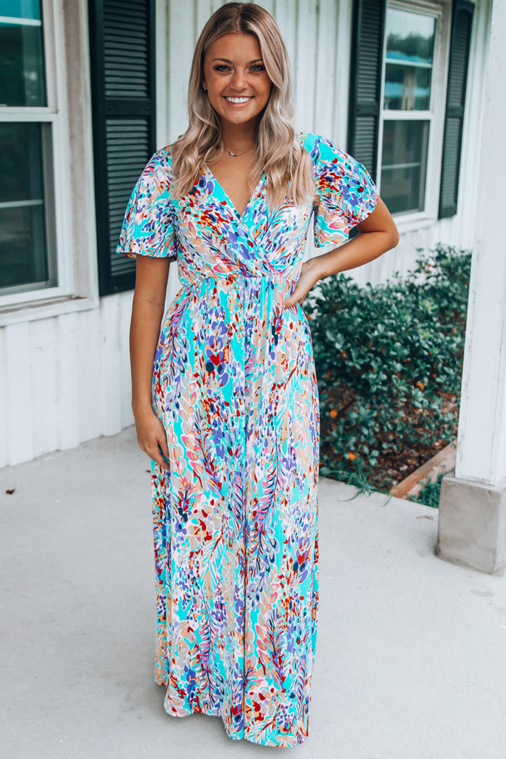 Wholesale Rose Boho Abstract Print V Neck Short Sleeve Maxi Wrap Dress - Eloy Royal