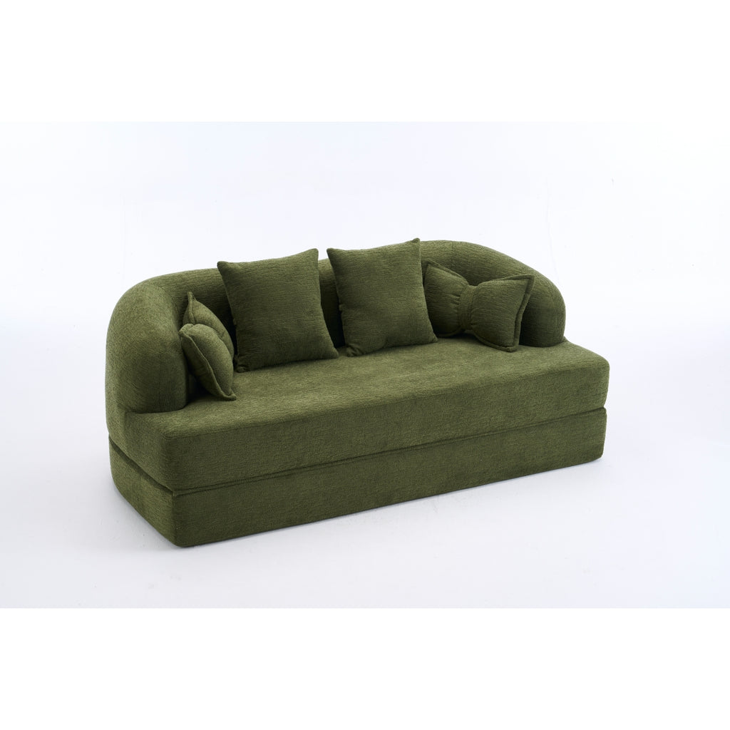 2-in-1 Foldable Sofa Bed, 70 Inch Boneless Couch Convertible Sleeper in Green with Chenille Fabric and High-Density Foam, Includes 4 Pillows