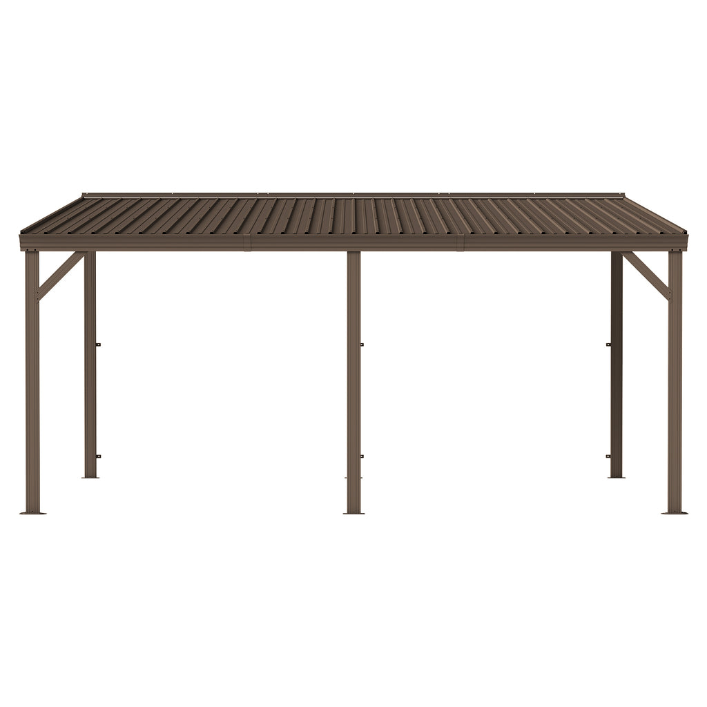 12'x16' Hardtop Lean to Gazebo with Gutters, Connectable Wall Mounted Gazebo Pergola with Galvanized Steel Roof, 60MPH Wind Resistance, Outdoor Large Metal Canopy, for Patio, Deck, Lawn - Brown
