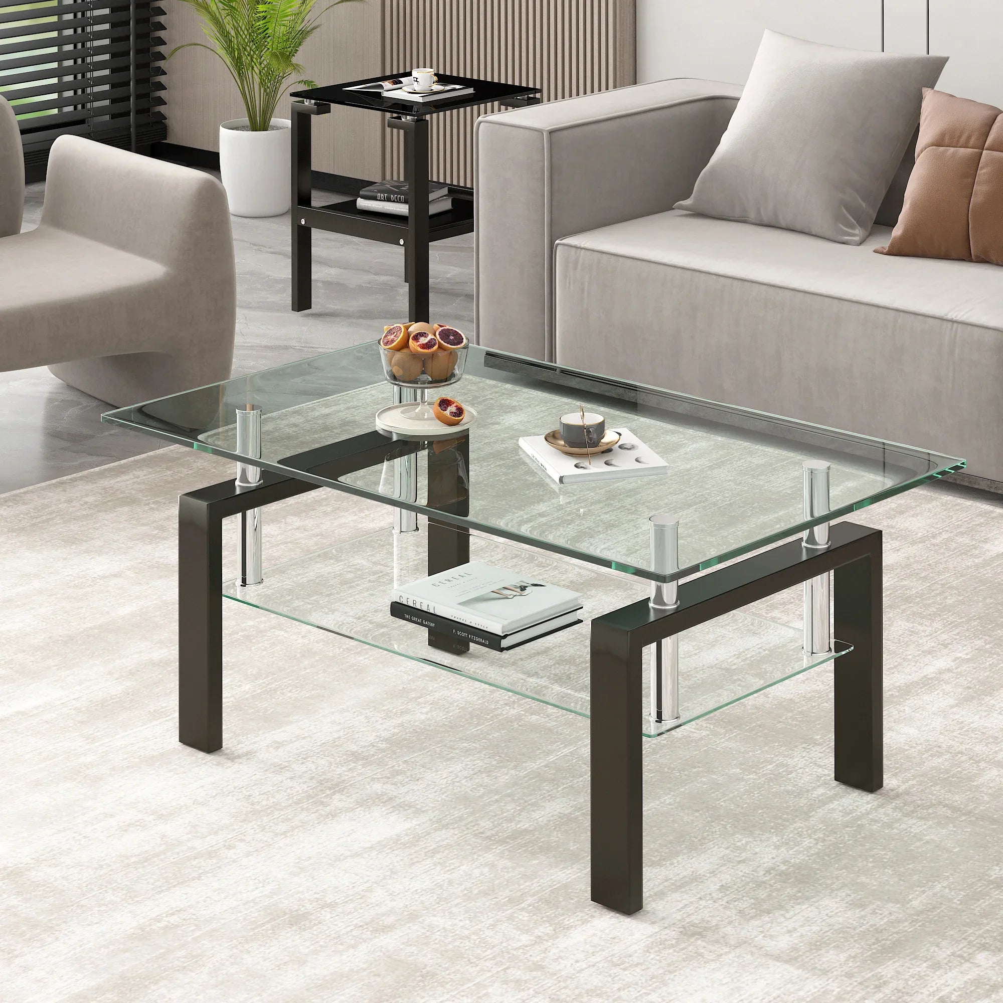 Modern Tempered Clear Glass Coffee Table with 2-Layers and Waterfall Edges for Living Room - Eloy Royal