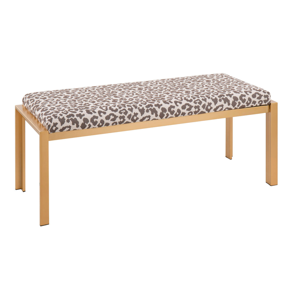 Contemporary Bench in Gold Metal and Beige Leopard Fabric