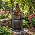 Outdoor Water Fountain 34.8', Tall 4-Tier Pot Waterfall Fountain with Warm LED Lights, Rustic Resin Cascading Water Feature, Quiet Pump for Patio Garden Porch Backyard Deck Decor
