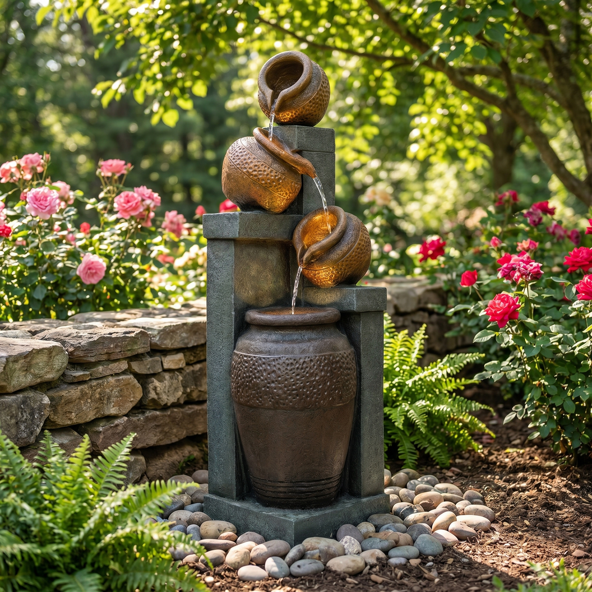 Outdoor Water Fountain 34.8', Tall 4-Tier Pot Waterfall Fountain with Warm LED Lights, Rustic Resin Cascading Water Feature, Quiet Pump for Patio Garden Porch Backyard Deck Decor