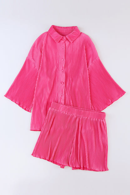 Rose Pleated Button Up Shirt and High Waisted Shorts Loungewear Set - Eloy Royal