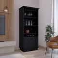 Bar Cabinet 70'H  with Wine Rack, Upper Glass Cabinet, three Open Storage Shelves and One Cabinet,Black