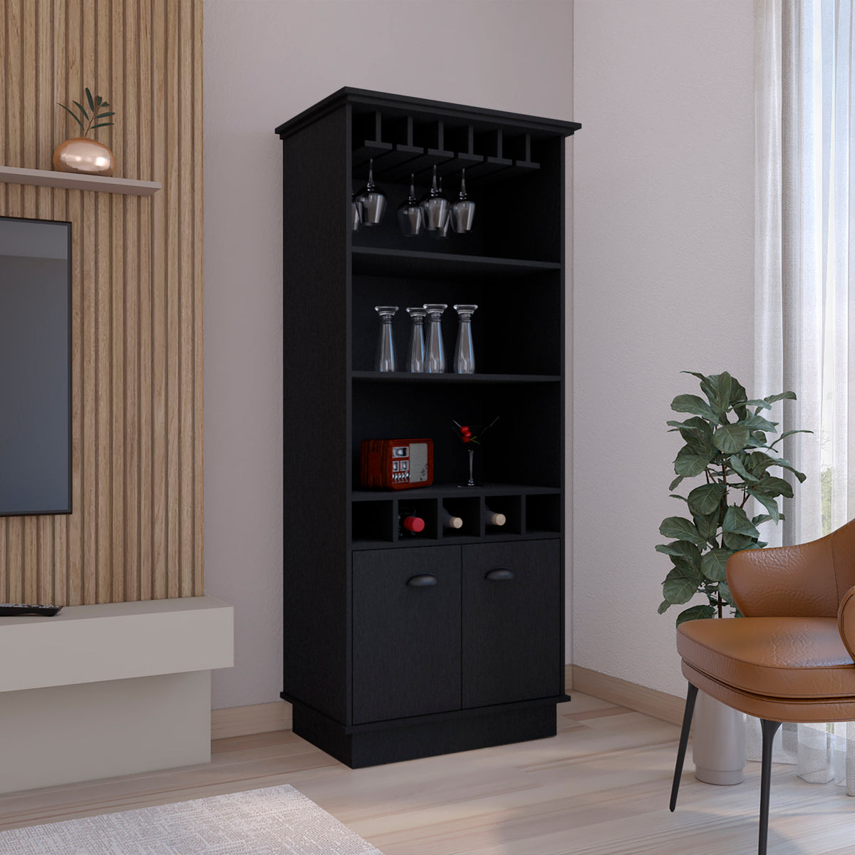 Bar Cabinet 70'H  with Wine Rack, Upper Glass Cabinet, three Open Storage Shelves and One Cabinet,Black