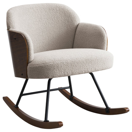 Valera Beige Boucle Upholstered Mid Back Rocking Chair with Walnut-Finished Frame and Wooden Rockers